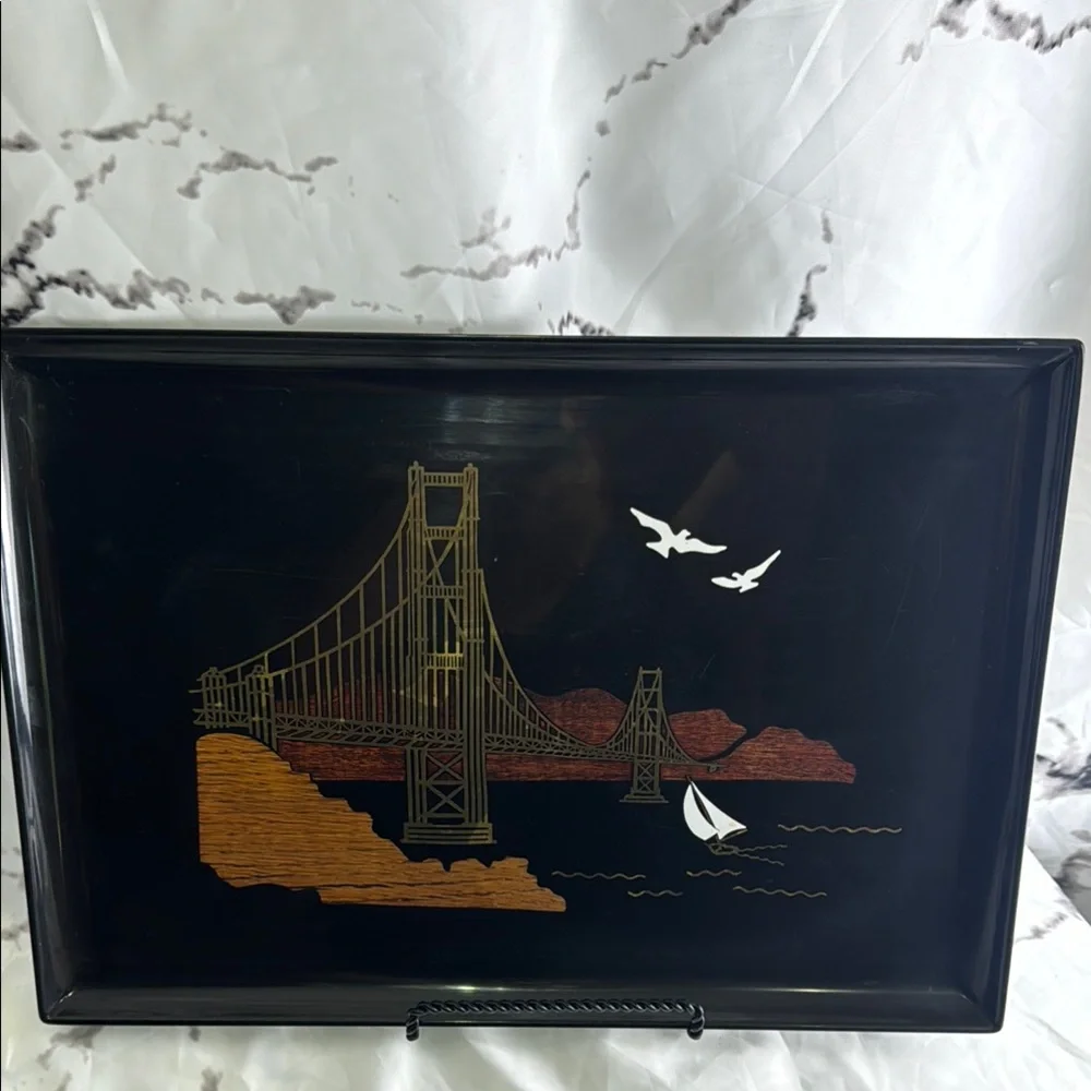 Couroc Golden Gate Bridge Tray MCM Black Lacquer Gloss Inlayed Wood and Metal